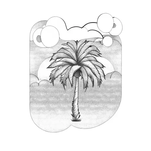 A Dotwork Tattoo Of A Palm Tree With Minimalist Clouds In The Background