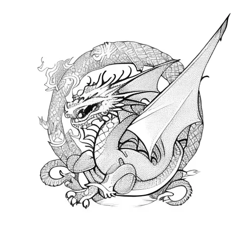 Dragon With Flowers And Sword