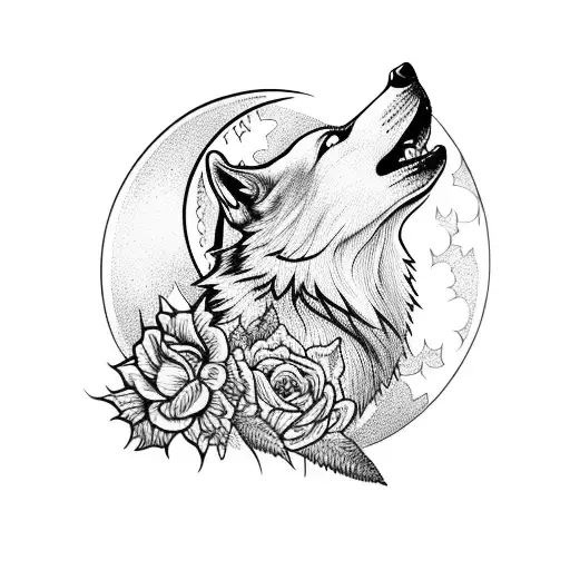 Moon And Wolf And Flowers