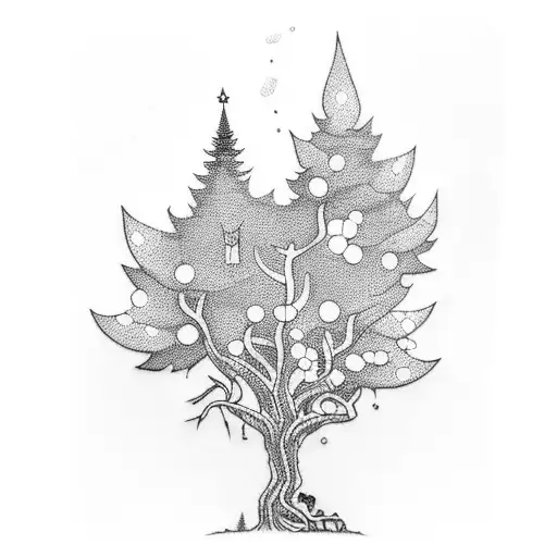 A Dotwork Tattoo Showcasing A Whimsical Forest Landscape With Mystical Elves