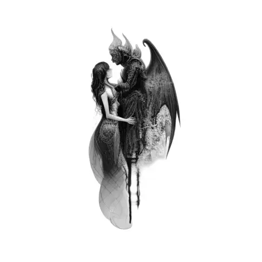 A Woman And A Demon With Reaching Demons And Angels