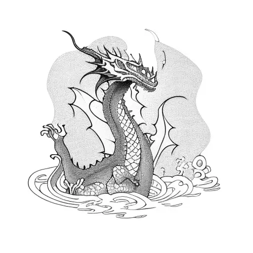 Swimming With A Dragon In A Blackwork Style
