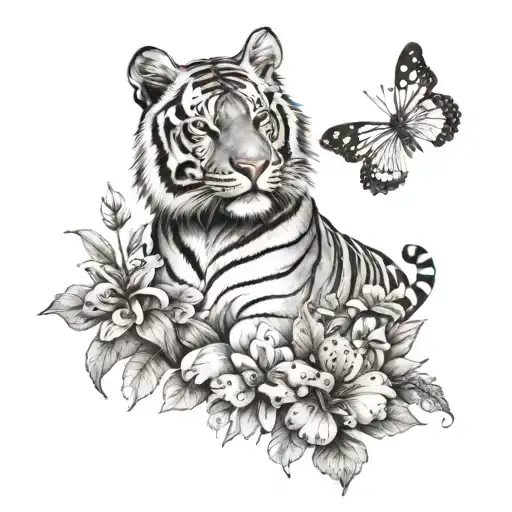 Tiger With Butterflies And Flowers Growing