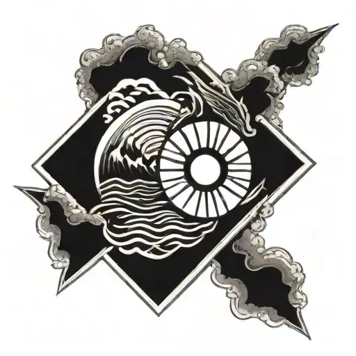 Sun In A Rhombus With The Sun's Rays And The Sea Waves