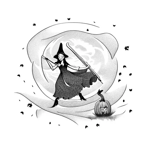 A Witch Riding A Broomstick Through A Field Of Pumpkins