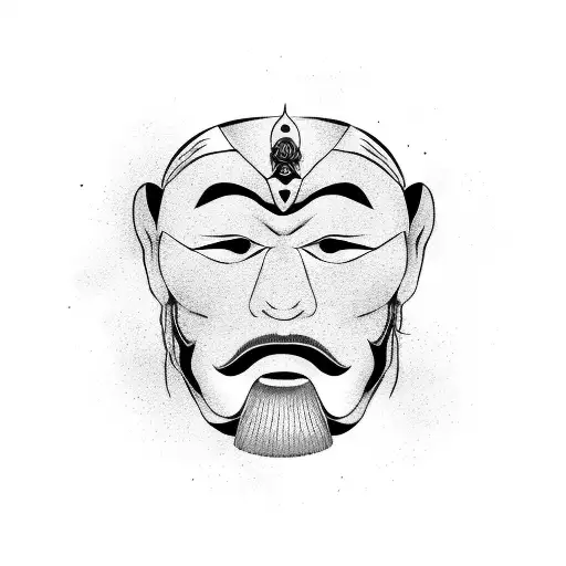Japanese Samurai Mask In Black And White Outline
