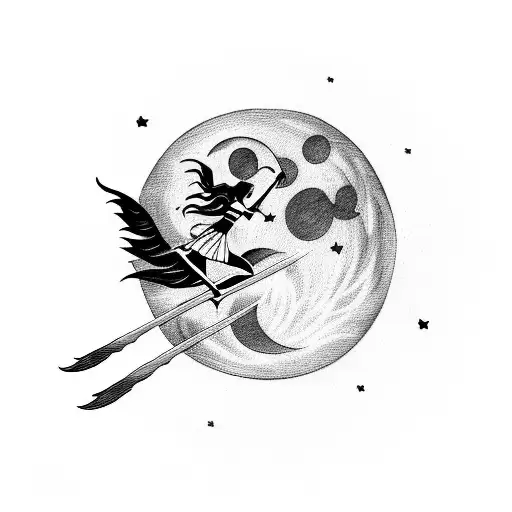 A Witch Flying On A Broomstick In Front Of A Full Moon