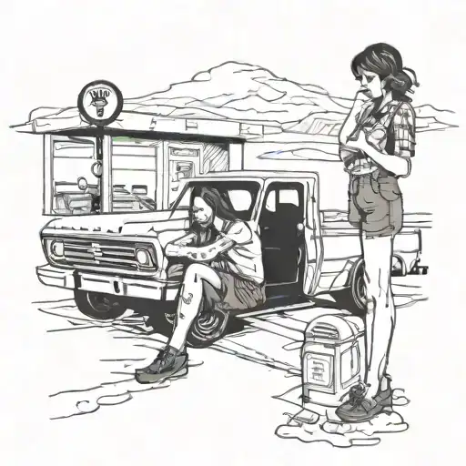 Girl Sitting In A Flatbed Ford On A Gas Station In Arizona In The Desert