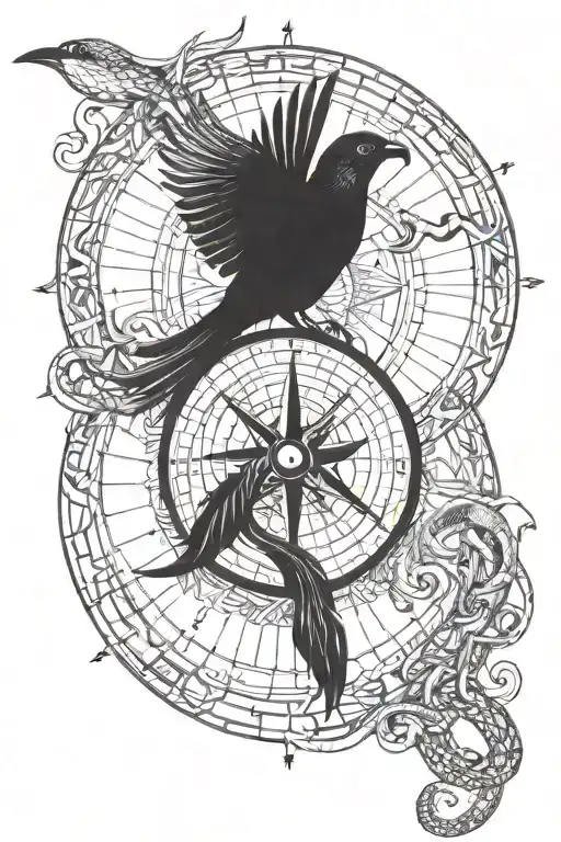 A Compass With A Snake And A Minimal Flying Crow