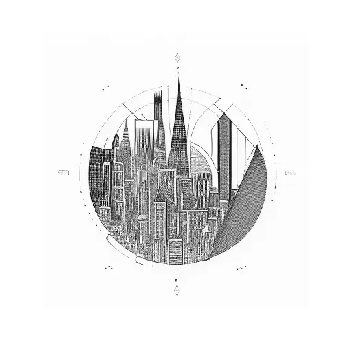 A Blackwork Design Of A City Skyline With Abstract Philosophical Symbols Hidden Within The Buildings
