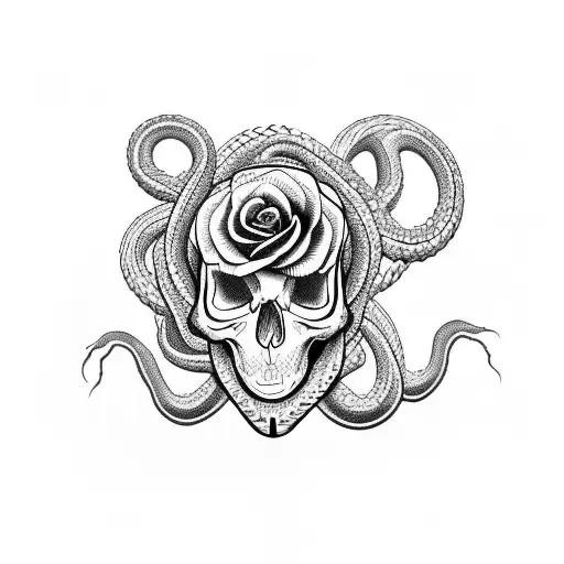 A Snake Coiled Around A Skull With Roses In The Background