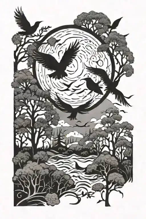 Forest Filled Moon Birds Flying