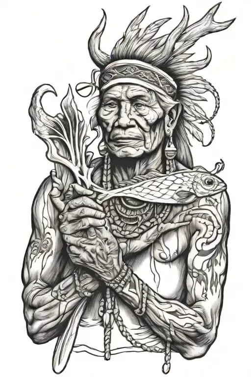 Elderly Native American Holding Deer Antler And Fish Hook