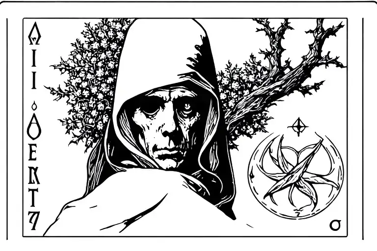 The Hermit Tarot Card With Disturbed Face Tucked In Hood