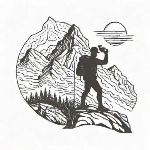 A Silhouette Of A Hiker Reaching The Mountain Peak With A Coffee Cup In Hand