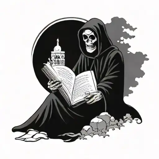 Grim Reaper In Cemetery Holding Book Open In Front