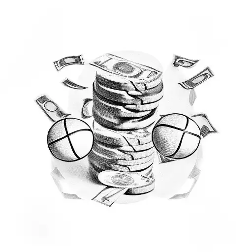 A Stack Of Money With A Basketball Hoop In The Background