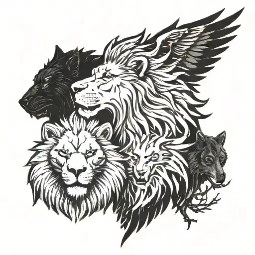 Lion Head Surrounded By Bear Head And Wolf Head Surrounded By A Hawk And Wings