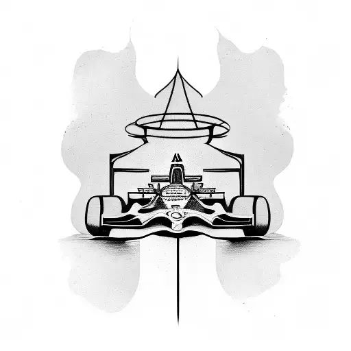 A Dynamic Blackwork Tattoo Of A Formula 1 Car Speeding Through A Coffee Cup