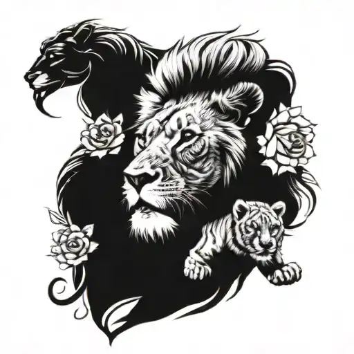 Lion Roaring With Lioness And Her Cub And Flowers Of