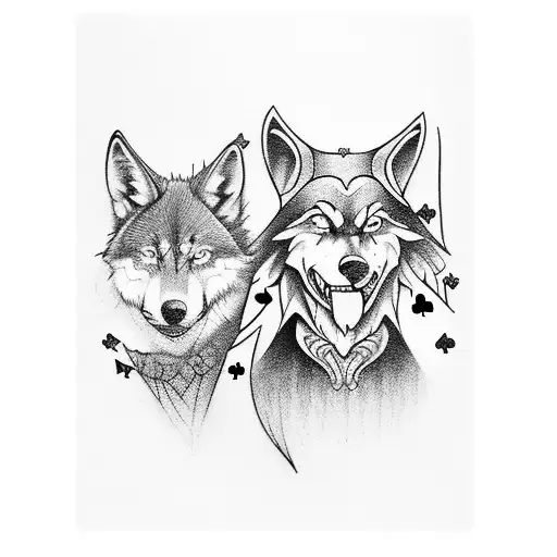 A Jester And A Wolf Playing Cards Together In A Blackwork Style