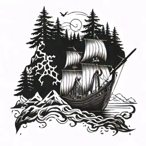 Forest Mountains And Vikings Drakkar Ship