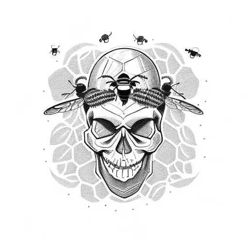 Skull In The Grass With A Honeycomb In The Eyes With A Bee Coming Out