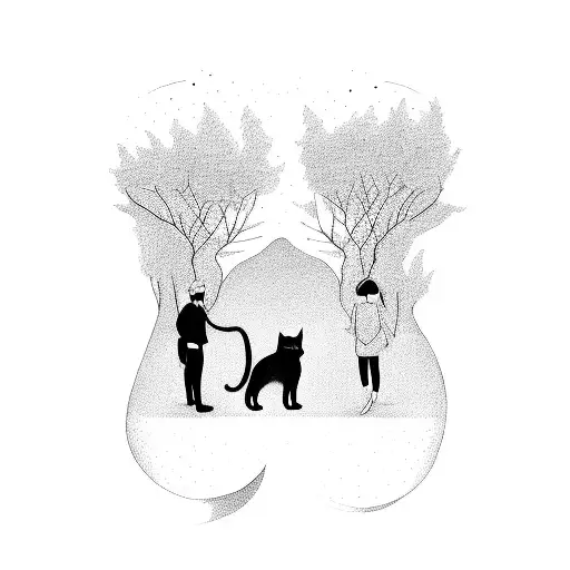 Two Persons Walking With A Cat