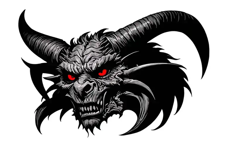 Front View Of A Black Gargoyle Head With Red Eyes And Big Horns
