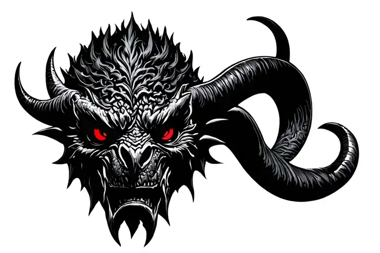 Front View Of A Black Gargoyle Head With Red Eyes And Big Horns Going Up
