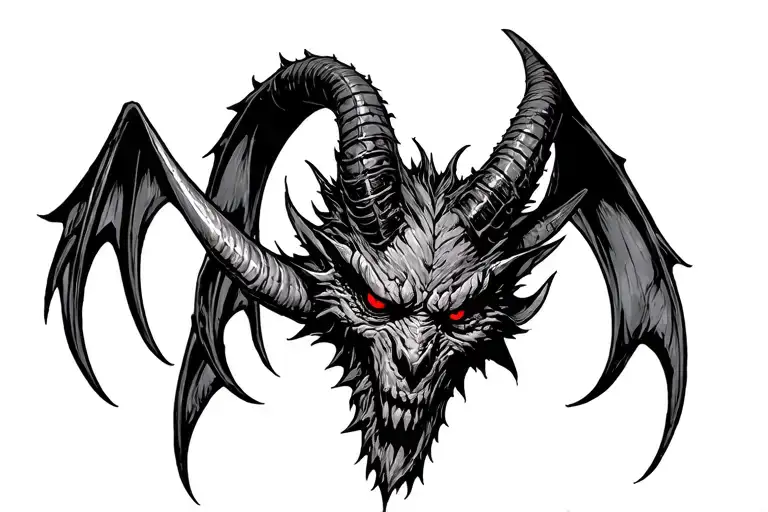 Front View Of A Black Gargoyle Head With Red Eyes And Big Long Horns Going Up