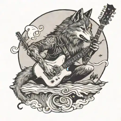 A Wolf Playing A Guitar Under A Full Moon