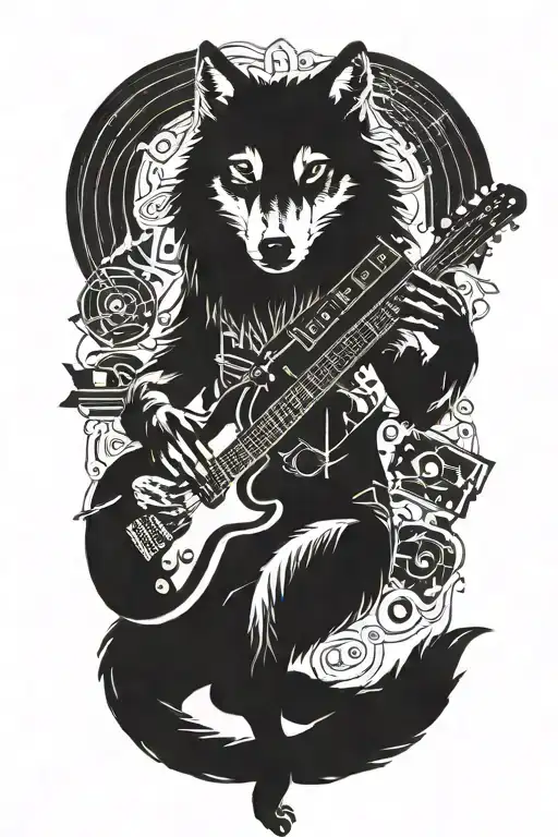 A Wolf Playing An Electric Guitar Surrounded By Musical Notes And Video Game Controllers