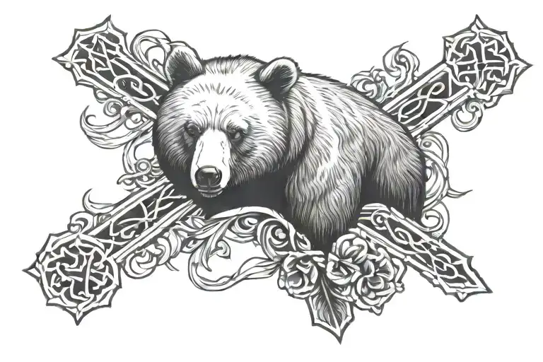 Chest Tattoo Bear Holding A Cross