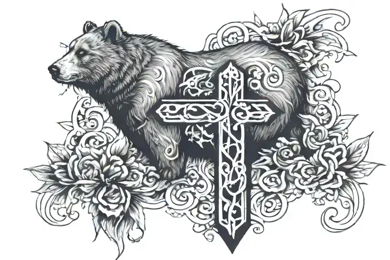 Chest Tattoo Bear Next To A Cross