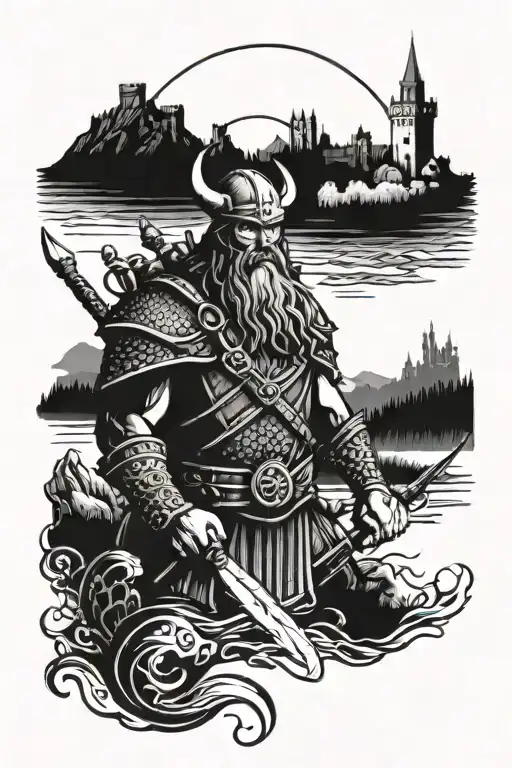Viking After A War With A Castle In The Background