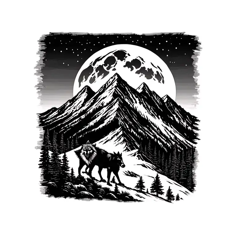 Mountain With Full Moon In The Background That Incorporates Blackfoot Native Totem Poles And Wolves