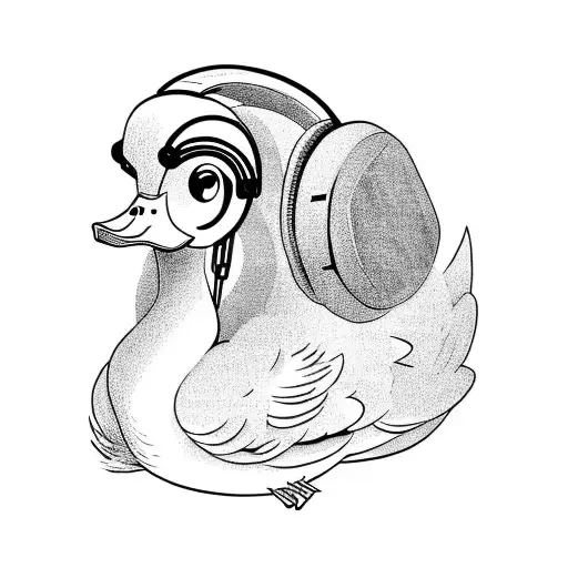 A Blackwork Tattoo Of A Duck Wearing Headphones And Listening To Music