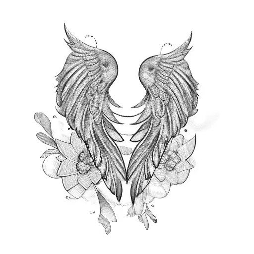 Feathers And Flowers Intertwined With Angel Wings