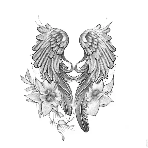 Feathers And Flowers Intertwined With Angel Wings