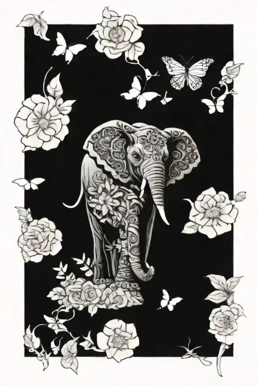 Elephant And Butterflies And Flowers Intertwined