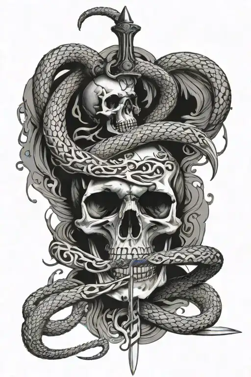Sword Going Through A Scull With A Snake Wrapped Around It