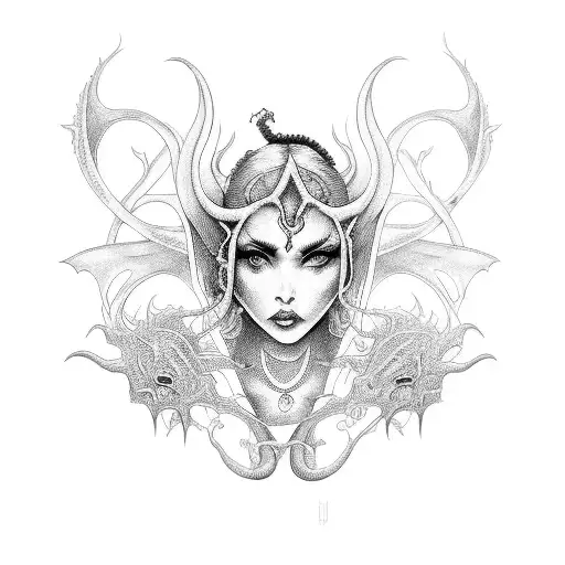 A Detailed Succubus Tattoo With Intricate Line Art