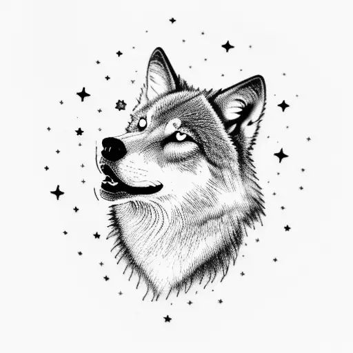 A Wolf Howling At A Gemini Constellation In The Night Sky