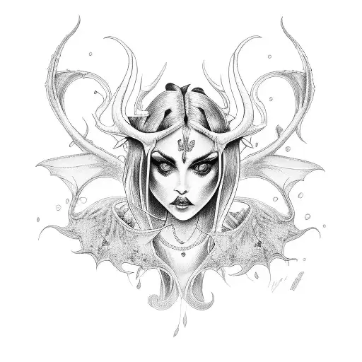 A Detailed Succubus Tattoo With Intricate Line Art