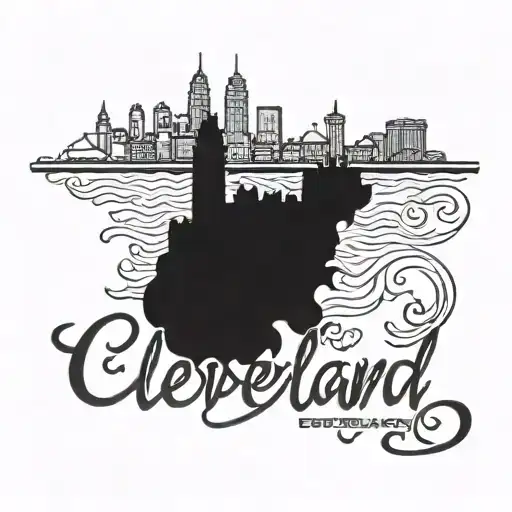 Cleveland Skyline Silhouette With The Cleveland Script Sign Underneath