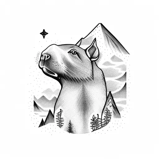 A Blackwork Tattoo Of A Capibara Playing A Guitar In A Mountain Landscape