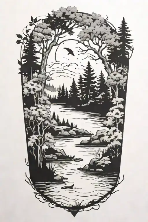A Detailed Blackwork Tattoo Of A Serene Forest Scene With A Hidden Fishing Spot