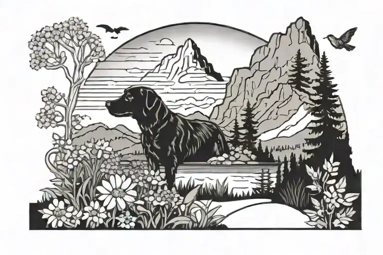 Tolmie Peak With A Sunset And Wildflowers Growing With A Black Lab Mix