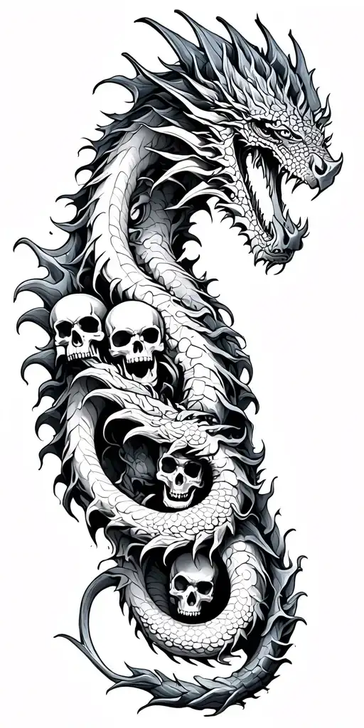 Dragon Wrapped Around Arm With Skulls Around Dragon
